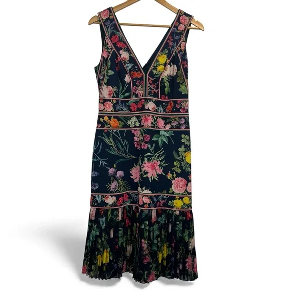 TADASHI SHOJI Olga Navy Floral Midi Dress V-Neck Sleeveless Size 6 flower EUC